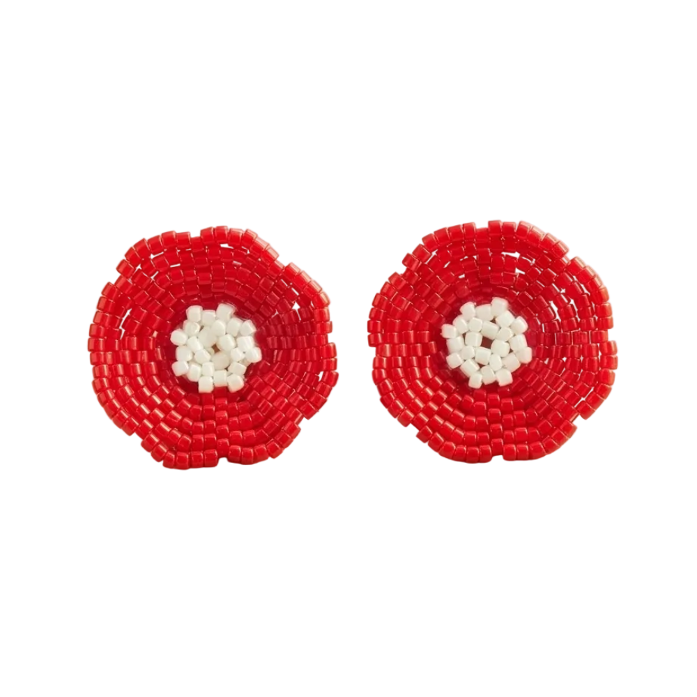 Pair of red beaded flower stud earrings with white centers