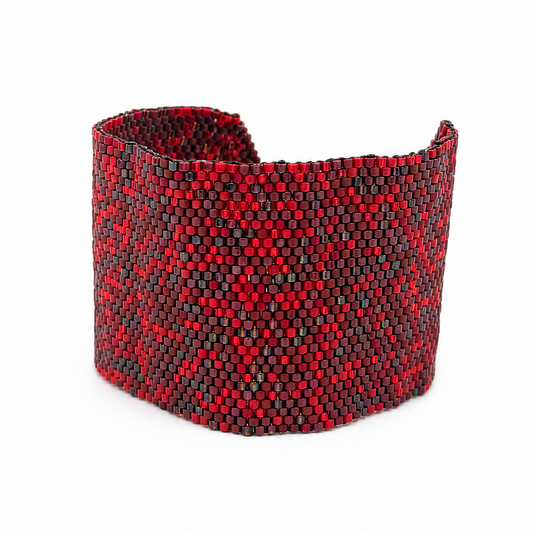 Handmade red Miyuki beaded cuff bracelet with burgundy and metallic accents by Dailot.