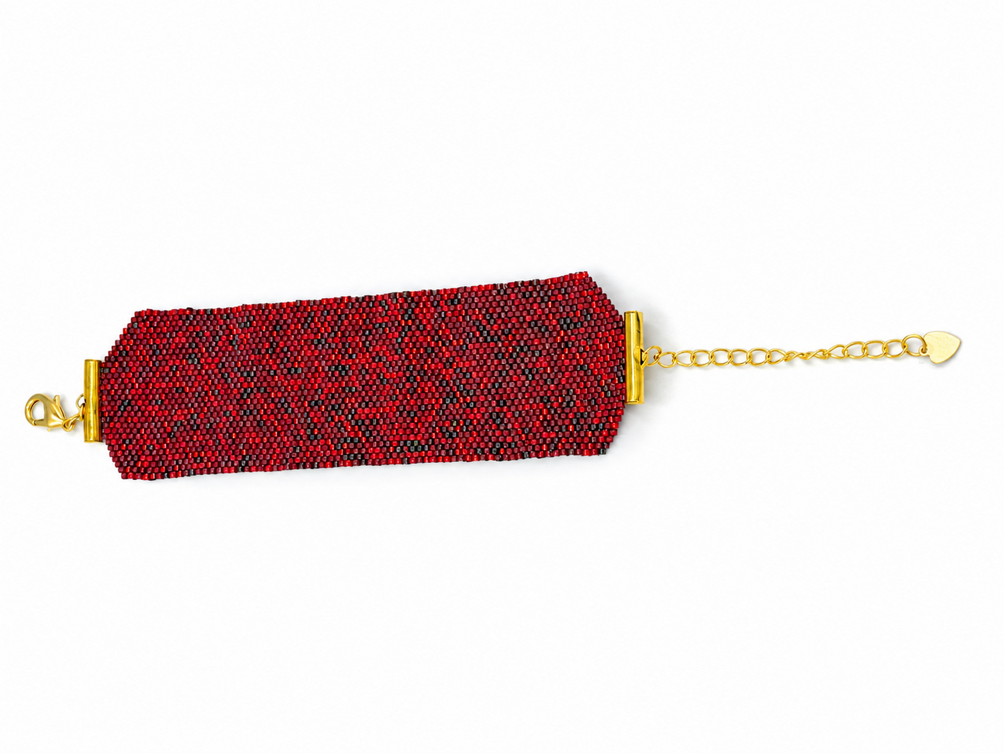 Handmade red Miyuki bead bracelet with gold clasp, extender chain and heart charm by Dailot.