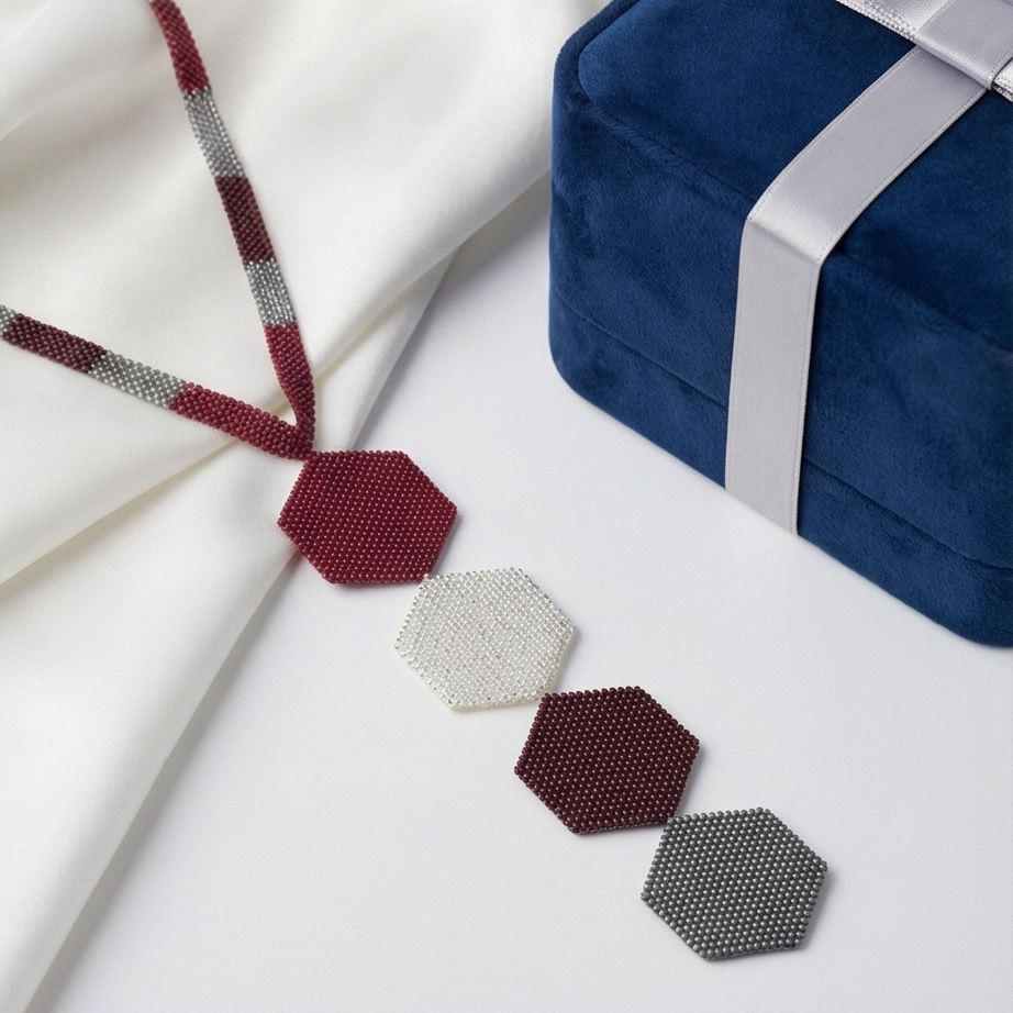 Vértice Miyuki geometric necklace with burgundy, white and silver hexagonal beadwork
