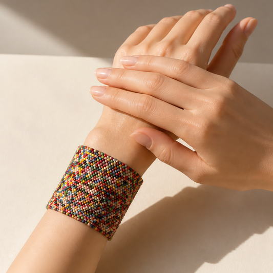 Woman wearing a wide multi-color Miyuki Delica beaded cuff bracelet on wrist lifestyle view