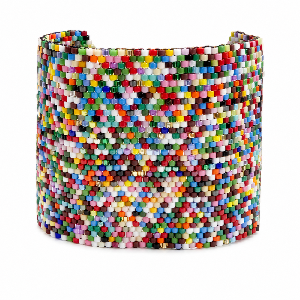 Handcrafted wide Miyuki Delica beaded cuff bracelet featuring a vibrant multi-colored pixelated seed bead pattern