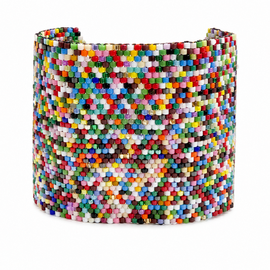 Handcrafted wide Miyuki Delica beaded cuff bracelet featuring a vibrant multi-colored pixelated seed bead pattern