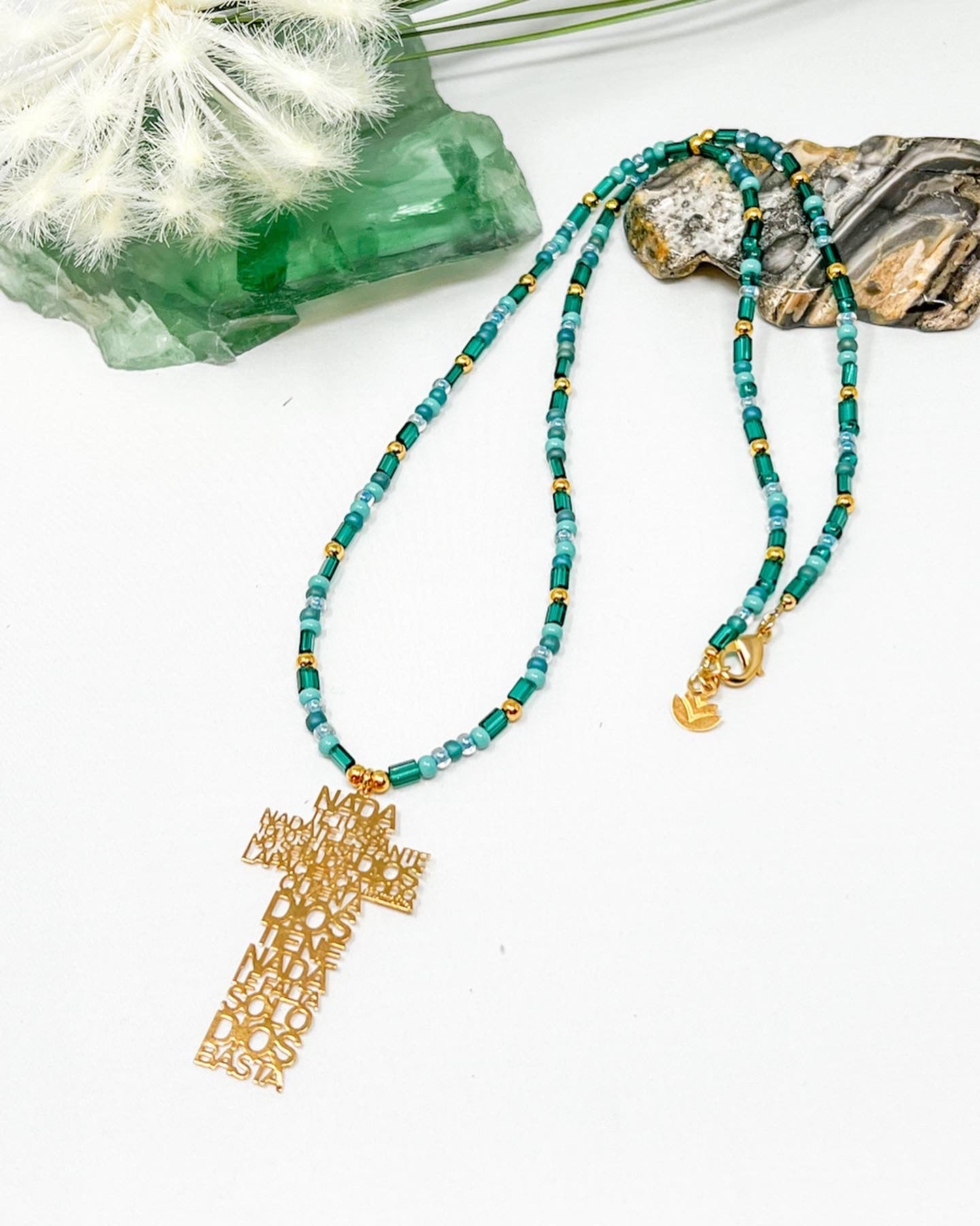 Green Crystals and  Gold Plated Cross