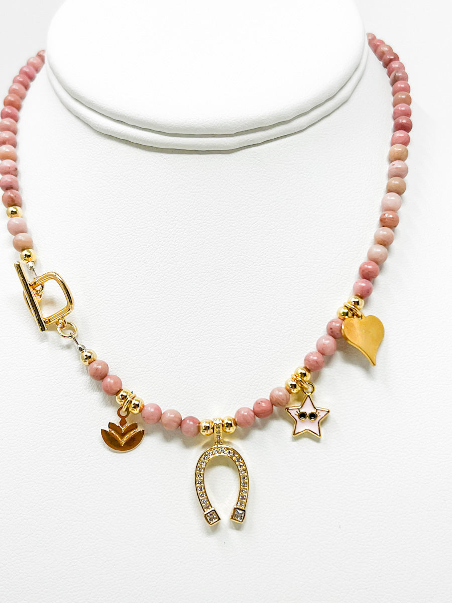 Rhodochrosite beads, charms necklace 