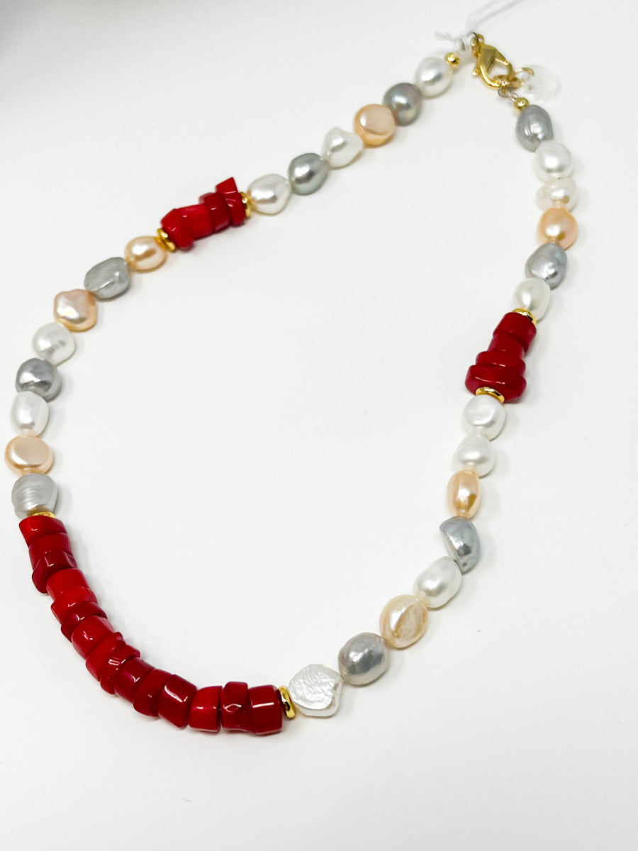 rondelle coral, cultured pearls, collar type 