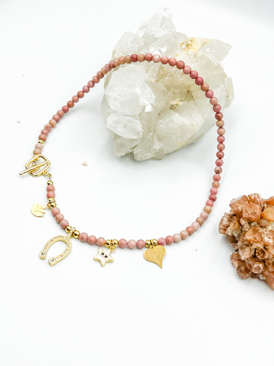 Rhodochrosite and Charms  Necklace