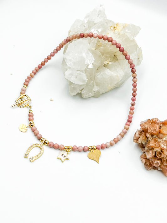 Rhodochrosite and Charms  Necklace